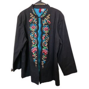Look East Black Linen Blend Asian Embroidered Jacket | Mandarin Collar | Size 1X